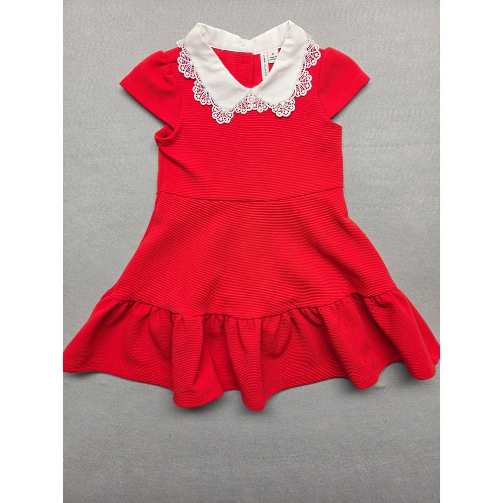 Janie and Jack Girls Red Ribbed Lace Collar Dress 2T Holiday Special Occasion